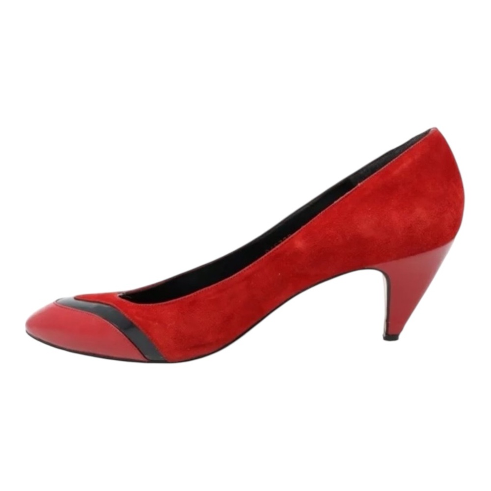 VTG Palizzio Italian Red Black Leather Suede Pointed Toe Low Kitten Heel Pump 9N - Picture 11 of 16